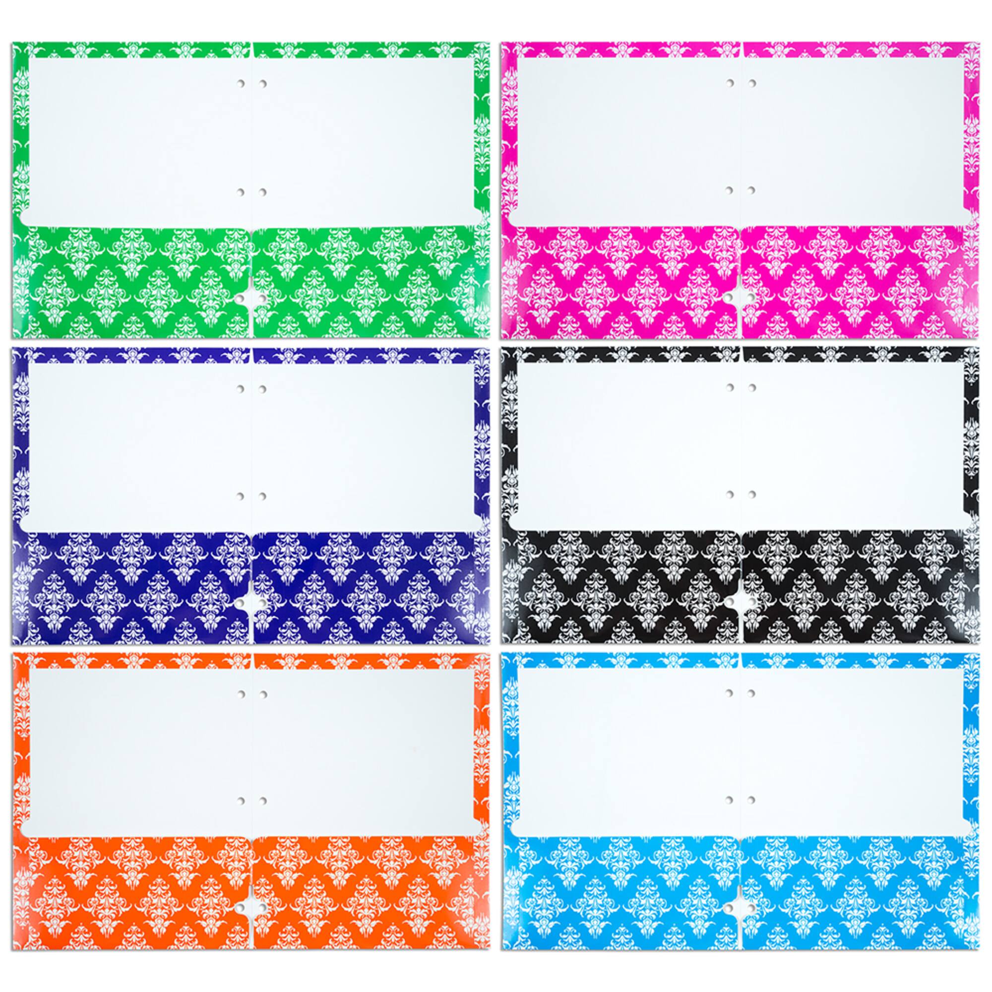 JAM Paper Damask Glossy Laminated Two Pocket 3 Hole Punch School Folders, 6ct.